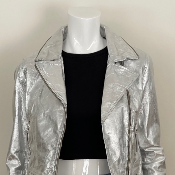 BANO EEMEE Metallic Moto Leather Jacket in Silver - Picture 2 of 13